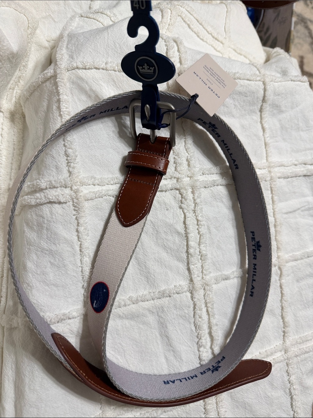 Peter Millar Brown Leather-Trim Cream Webbed Belt